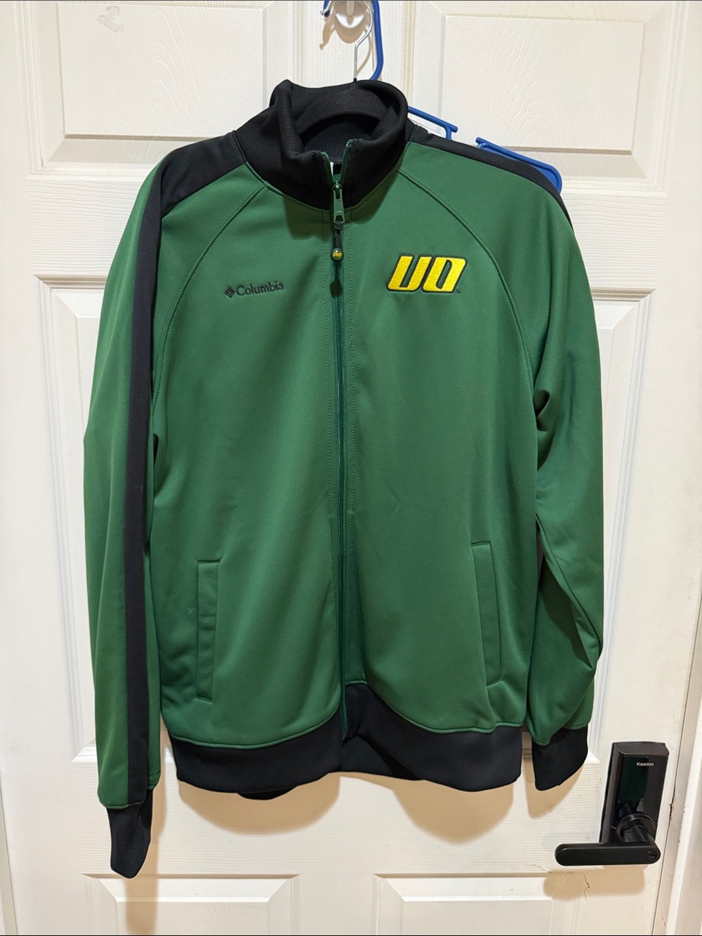 Columbia Men's Green and Black Full-Zip Windbreaker with Yellow Logo